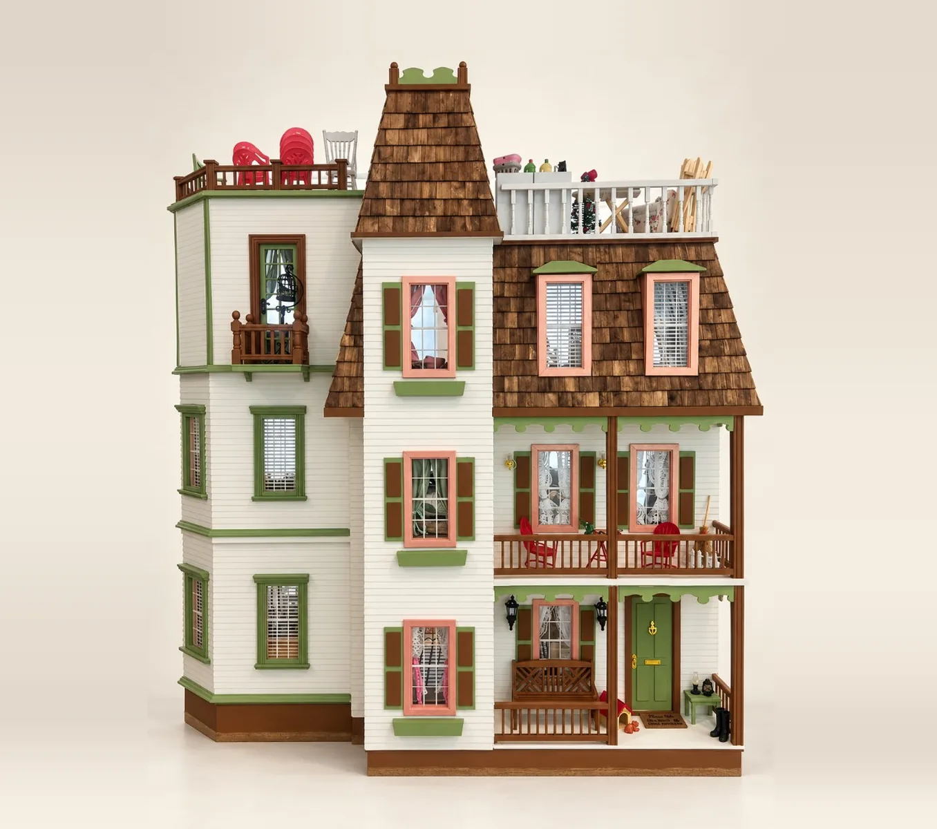 Hawthorne House, a fully furnished Victorian dollhouse with a tall tower, covered porch, balconies, and rooftop terraces.