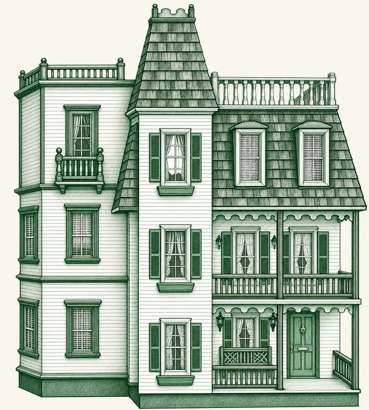 A finely engraved Victorian dollhouse with a tall central tower, shingled mansard roof, rooftop terraces, and a two-story porch.